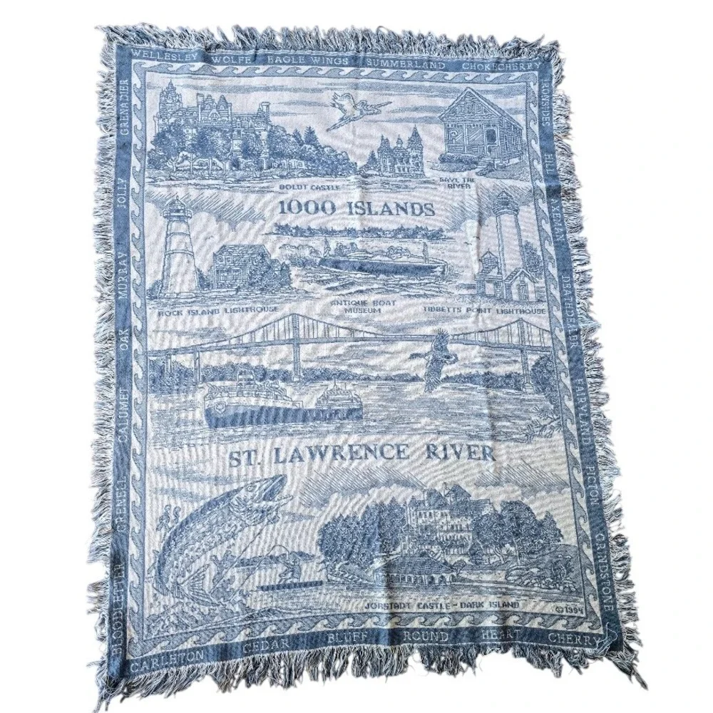 Vintage 1994‎ Blue 1000 Islands Woven Tapestry Throw Blanket St. Lawrence River